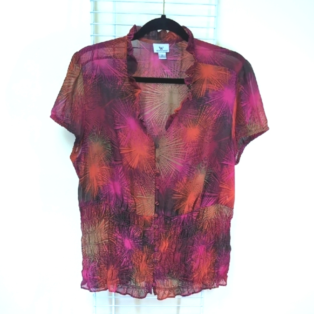 Worthington XL Women's Pink & Orange Sheer V Neck Smocked Short Sleeve Blouse